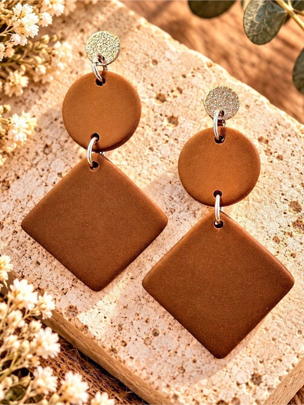 Geometric Brown & Gold Drop Earrings